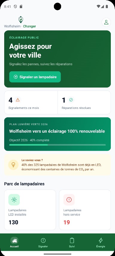 Application citoyenne Eco-Signal : écran d'accueil « Agissez pour votre ville » et bouton signaler un lampadaire